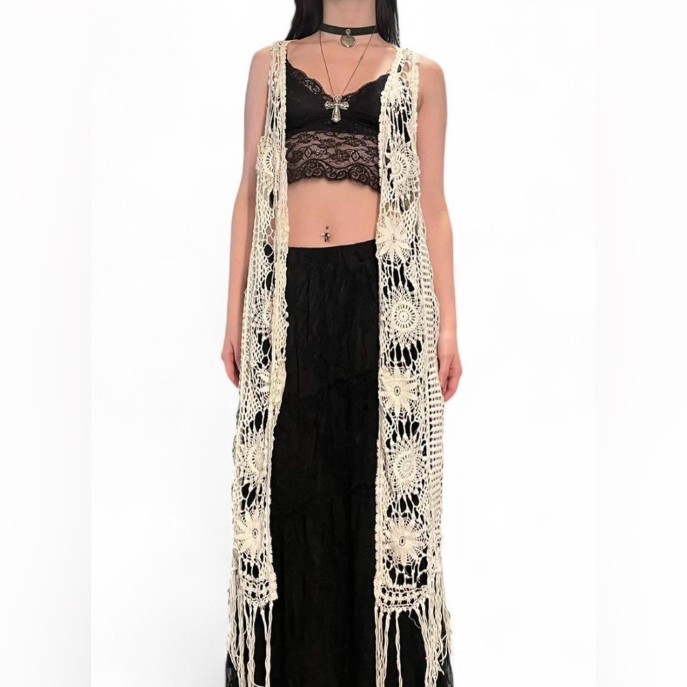 long cream witchy boho crotchet shawl sleeveless cardigan duster
